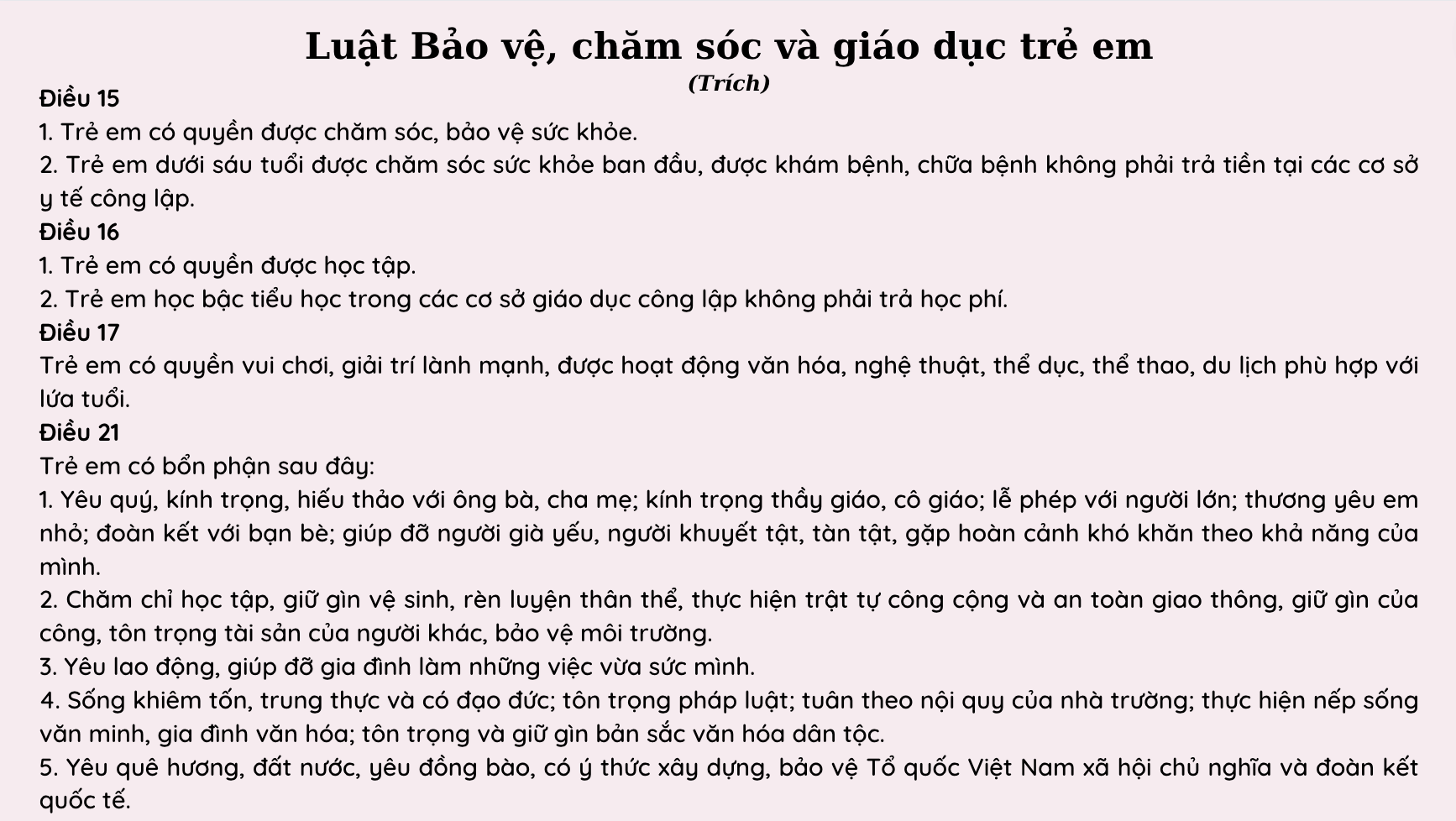 bài đọc luật bảo vệ, chăm sóc và giáo dục trẻ em